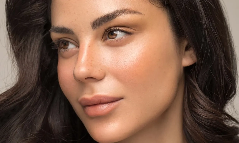 Image of a woman's face - she has dark hair and is looking to the side for PRX Derm