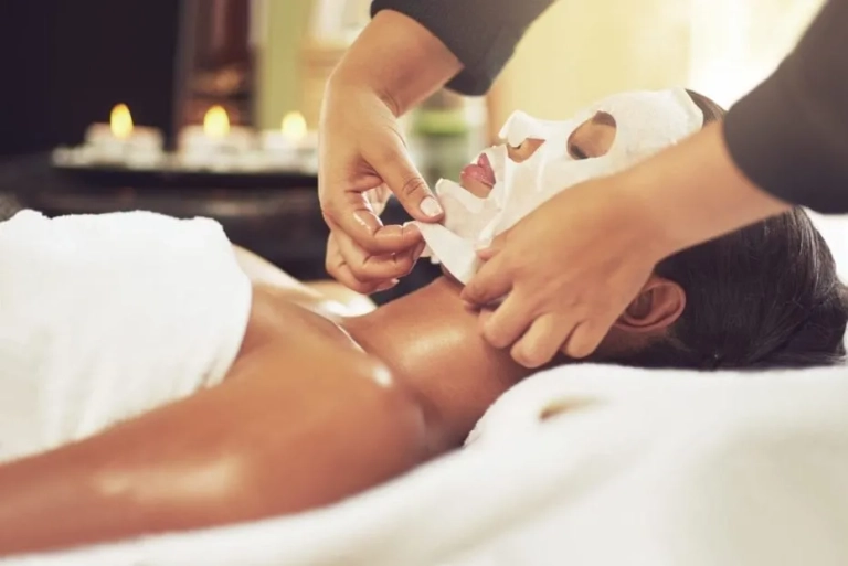 A woman with a facial peel mask bein applied for The Hughes Center in Cherry Hill NJ