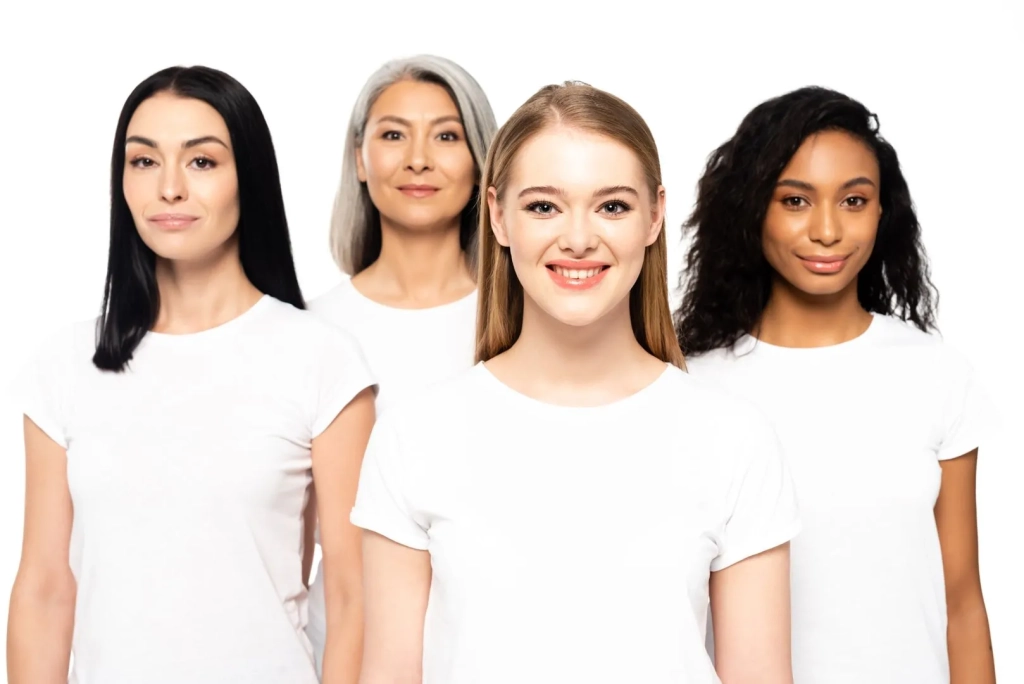 four happy multicultural women in white t shirts l 2024 11 17 16 40 21 utc result